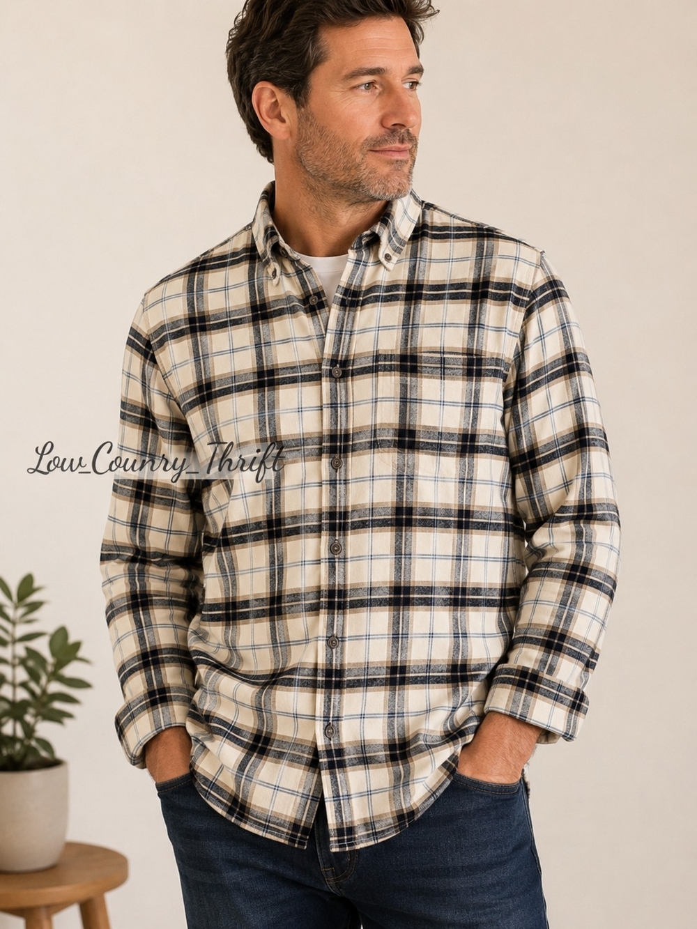 J.Crew Brushed Twill Plaid Button Down Shirt Men's XXL Cream Navy Cotton